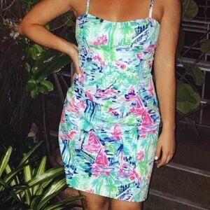 Lilly Pulitzer Blue and Pink Sheath Mini Dress Spaghetti Strap